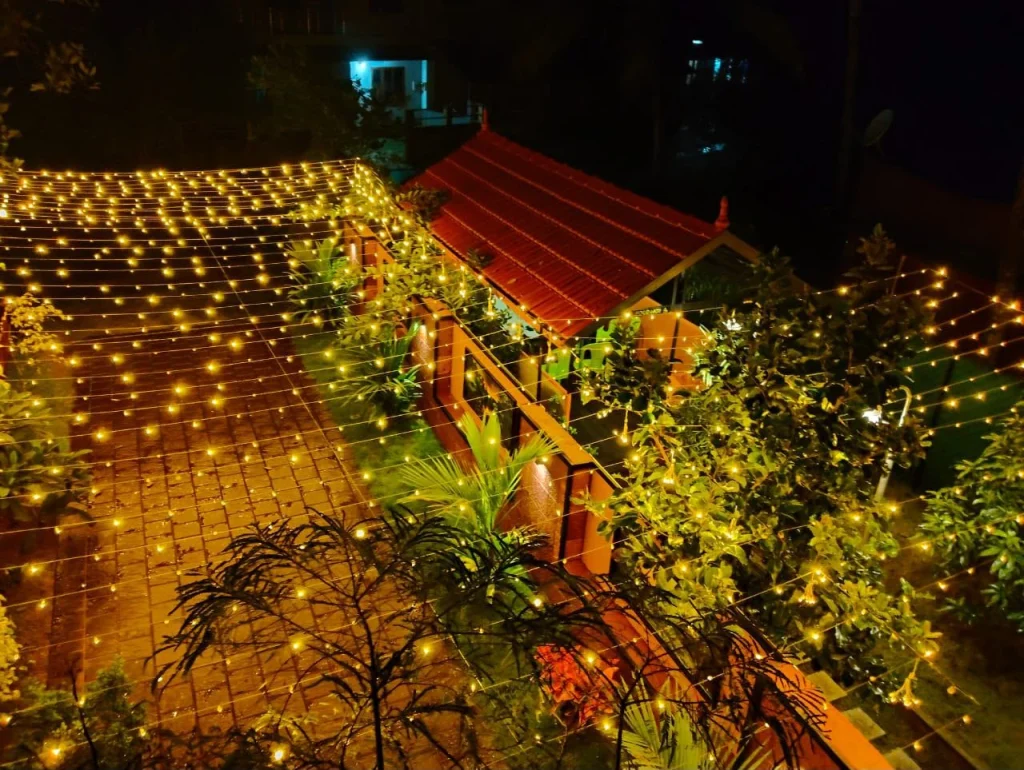 The garden and sit-out seen from above at night