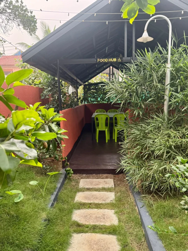 Stepping stones leading to the covered dining area